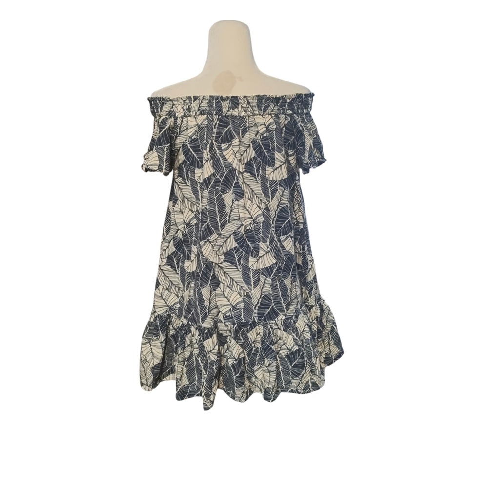 Marine Layer Shirley Navy Blue White Palm Leaf Off Shoulder Ruffle Mini Dress M - Picture 9 of 16